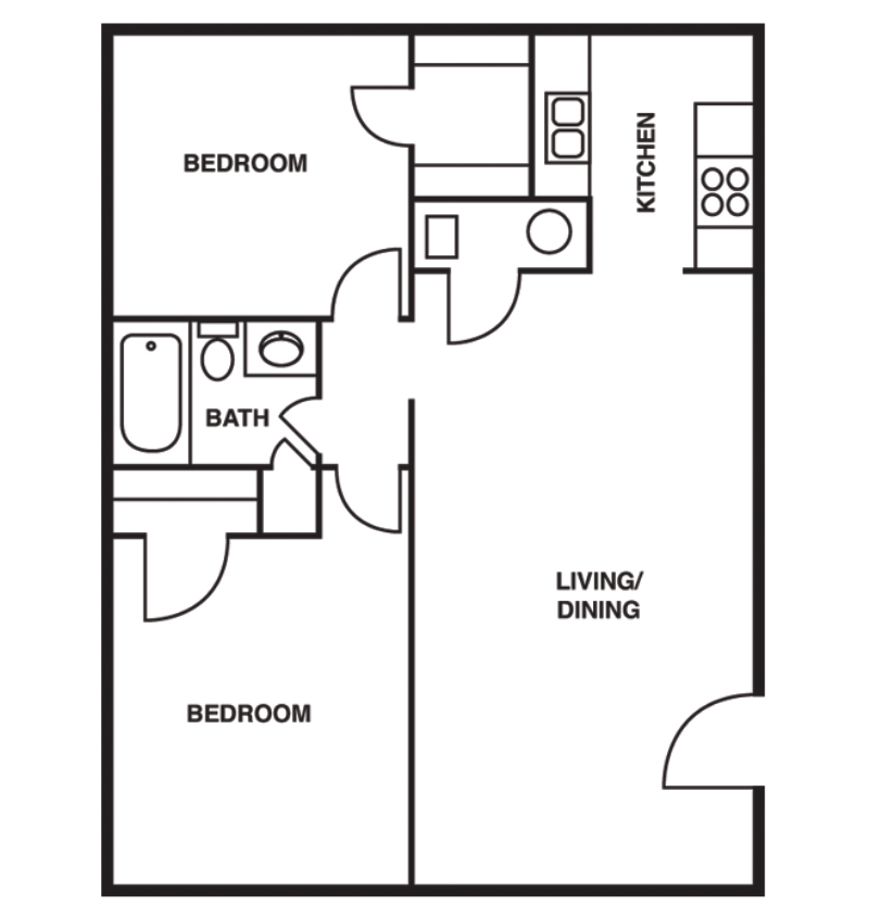 Floor plan for 2 beds, 1 bath, 748 sqft